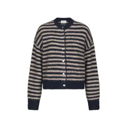 Isana stripe fluffy knit cardigan Neo Noir, navy striped