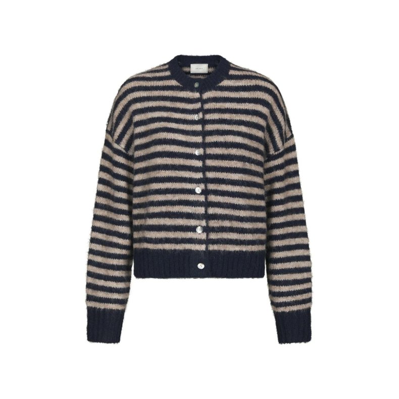 Isana stripe fluffy knit cardigan Neo Noir, navy striped