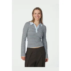 Fannya ls striped knit polo Neo Noir, light blue stripe